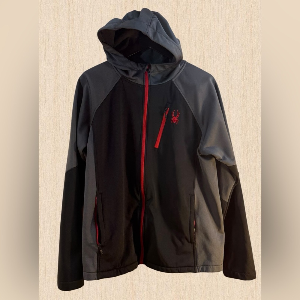 Spyder Men’s Medium Softshell Hooded Jacket Black Gray Red Full Zip